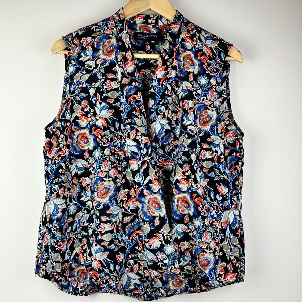 Jones New York Signature Black Floral Crossover Sleeveless Blouse Size L